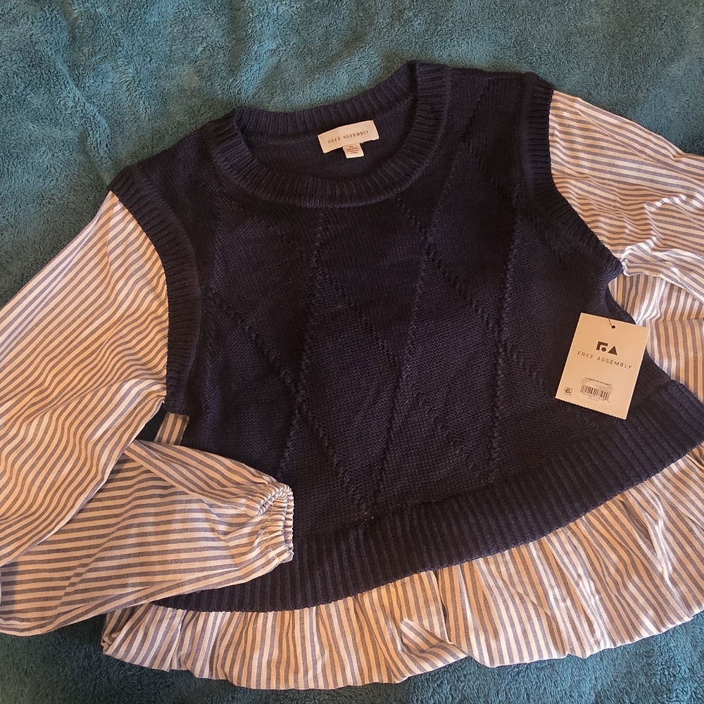 Chic Navy and White Sweater Vest Long Sleeve Dress